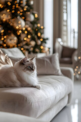 Wall Mural - Luxury living room interior with decorated Christmas tree and cat on the coach. New Year and Merry Christmas concept.