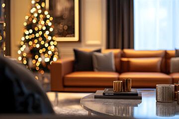 Wall Mural - Luxury living room interior with decorated Christmas tree and warm blurry garland lights. New Year and Merry Christmas concept.