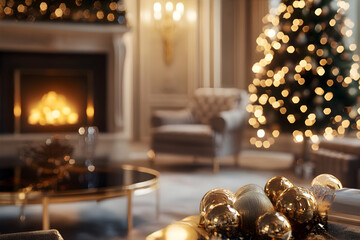 Wall Mural - Premium apartment interior with decorated Christmas tree and warm blurry garland lights. New Year and Merry Christmas concept.
