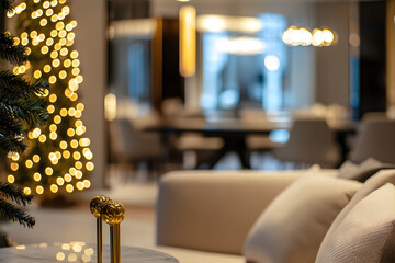 Wall Mural - Luxury living room interior with decorated Christmas tree and warm blurry garland lights. New Year and Merry Christmas concept.