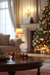 Wall Mural - Premium apartment interior with decorated Christmas tree and warm blurry garland lights. New Year and Merry Christmas concept.