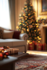Wall Mural - Luxury living room interior with decorated Christmas tree and warm blurry garland lights. New Year and Merry Christmas concept.