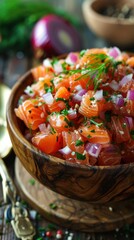 Wall Mural - Fresh salmon tartare mixed with onions served in a wooden bowl for a delightful meal