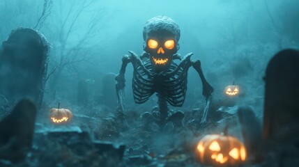 Wall Mural - Twisted skeleton with glowing eyes crawling through a foggy graveyard surrounded by broken tombstones and eerie glowing pumpkins