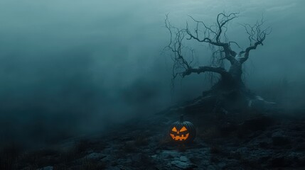 Wall Mural - Twisted trees and eerie fog surrounding a lonely jack o lantern glowing faintly in the dark