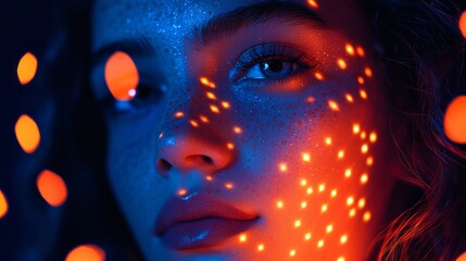 Symbolizing AI technology, this futuristic woman side portrait depicts neon nodes on black background