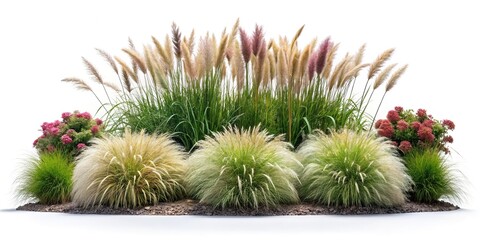 Long shot of flowerbed with ornamental grass isolated on white background