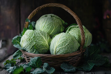 Wall Mural - Fresh organic cabbages in a rustic basket, surrounded by green leaves, with the dark wood background emphasizing the natural, leafy texture of the cabbages.