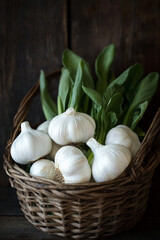 Wall Mural - A rustic basket of organic garlic bulbs, their pale skins and green leaves contrasted against a dark wood background, showcasing the natural beauty of this versatile vegetable.