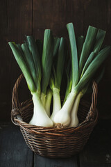 Wall Mural - A basket of organic leeks, with their long green leaves and white stalks, placed against a dark wood background, showcasing their fresh, crisp texture.
