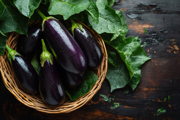 Wall Mural - Fresh organic eggplants resting in a basket, surrounded by green leaves. The dark wood background enhances the deep purple of the eggplants and their glossy texture.
