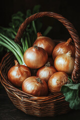 Wall Mural - A rustic basket of organic onions, with their papery skins and green leaves standing out against a dark wood background, emphasizing the natural beauty of the vegetables.