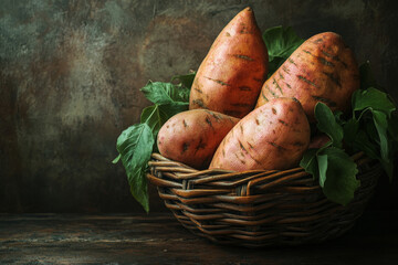 Wall Mural - Fresh organic sweet potatoes in a basket, with their orange skins and green leaves standing out against the dark wood background, emphasizing their rich, earthy texture.