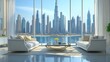 © Resad - Luxurious architecture home in Dubai, with a three-dimensional interior of a modern art deco living and eating area, high-end designer furnishings, large glass windows, and a backdrop of famous towers