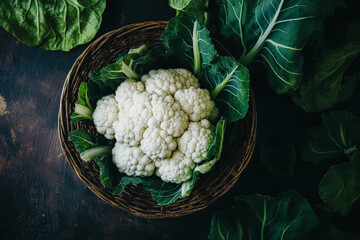 Wall Mural - Fresh organic cauliflower in a basket, surrounded by green leaves, with the dark wood background accentuating the intricate texture of the florets.