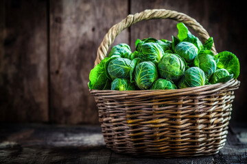 Wall Mural - Organic Brussels sprouts in a rustic basket, their fresh green leaves and compact heads standing out against a dark wood background, showcasing their texture.