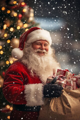 Santa Claus smiling as he carries a bag of beautifully wrapped Christmas presents, with snow falling softly around him. The scene is set against a cozy, brightly lit Christmas tree.