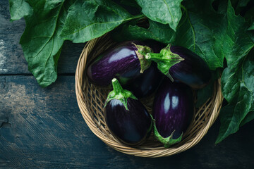 Wall Mural - Fresh organic eggplants resting in a basket, surrounded by green leaves. The dark wood background enhances the deep purple of the eggplants and their glossy texture.