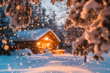 Winter wonderland with snow-covered trees, soft snowflakes falling, and a cozy cabin in the background