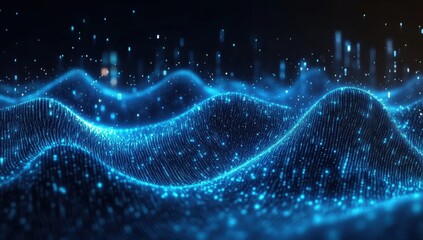 Abstract image featuring blue and green tones. It is a digital binary code wave background.
