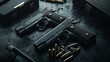 © Ivan - Two dark guns with ammunition on a dark background close up slightly from above, weapons close up