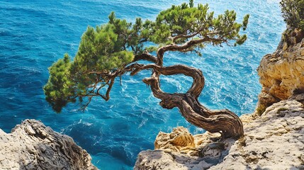 Twisted pine tree on the coast of a mediteranean island, blue water in the background, mediteranean sea travel panoramic web banner with copy space