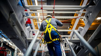 A worker in safety harness climbs a metallic structure in an industrial setting, showcasing safety measures and the demanding nature of construction work.