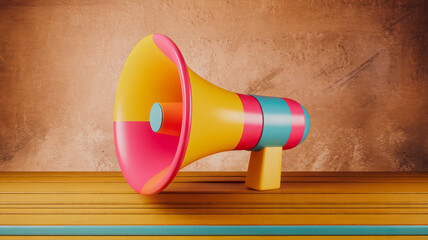 Colorful megaphone on a wooden surface, ideal for advertising and promotion concepts. Vibrant design adds a playful element, making it perfect for eye-catching visuals.