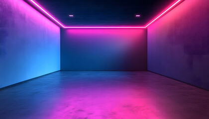 Minimal techno concept with a modern empty exhibition hall with blank walls and neon paint design