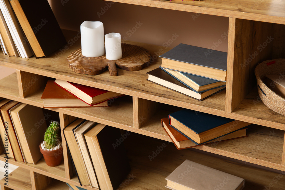Modern shelving unit with books and home decor near brown wall