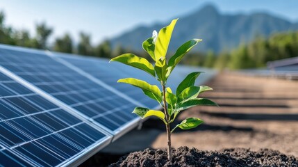 Green Plant Near Solar Panels in Nature