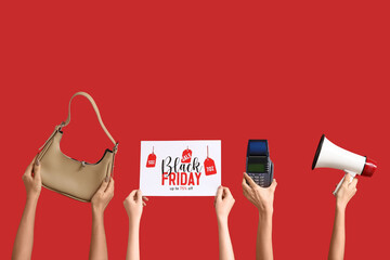 Sticker - Hands with payment terminal, megaphone and bag on red background. Black Friday sale