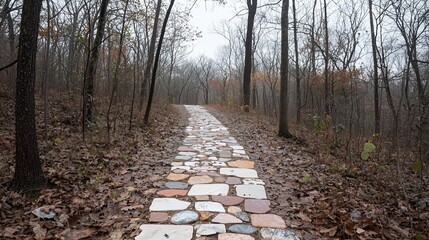 Wall Mural - path through a forest with a stone walkway. the path is covered in leaves and the sky is cloudy