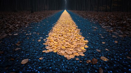 Wall Mural - road with a blue stripe and yellow leaves on it. the leaves are scattered across the road, creating 
