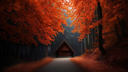 Wall Mural - small cabin is surrounded by trees with orange leaves. the cabin is in the middle of a forest and th