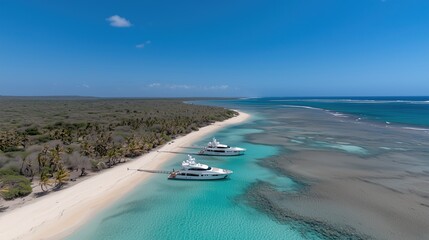 Beautiful blue ocean with two boats docked on the shore. The scene is peaceful and serene, with the boats and the water creating a sense of calmness