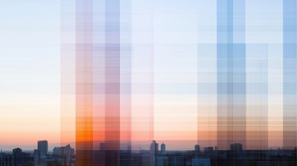 City skyline with a sunset in the background. The sky is a mix of colors, including orange and blue. The buildings are tall and spread out, creating a sense of depth and distance