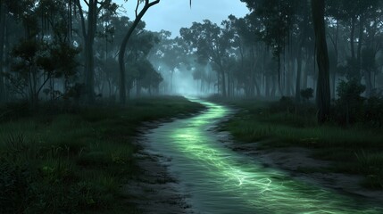 Wall Mural - dark forest with a green river running through it. the water is glowing and the trees are tall and d