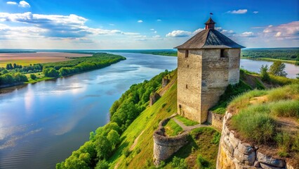 Ancient Bulgarian fortress tower reflected on Kama River in Elabuga, Tatarstan, Russian Federation