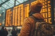 © Vesna - passenger at the airport terminal hand gripping a suitcase focused on departure board conveying the anticipation and excitement of travel