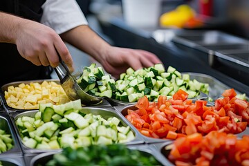 Wall Mural - Fresh chopped vegetables in bowls. A chef is preparing salad with chopped vegetables like cucumber, tomatoes, and potatoes.