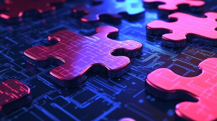 An abstract concept depicting API integration with two interlocking puzzle pieces against a futuristic tech-inspired background, symbolizing connectivity and interoperability