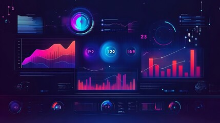 Futuristic digital interface with data graphs, charts, and dashboards on dark background.