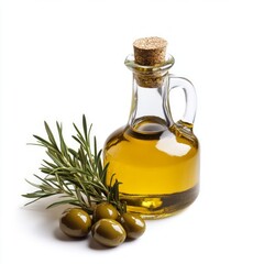 Canvas Print - A beautiful glass bottle of olive oil sits next to fresh green olives and a sprig of rosemary. The image captures the essence of healthy cooking and Mediterranean flavors. AI