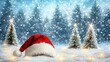 © Ket - Festive snowy landscape with red santa hat and decorated trees capturing the spirit of winter, happy st. nicholas day, ai
