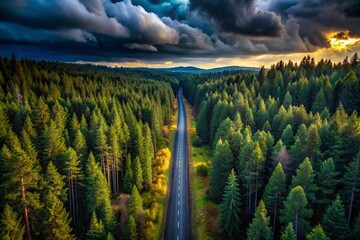 Poster - Mysterious Dark Forest Road Surrounded by Tall Trees and Shadows Under a Gloomy Overcast Sky