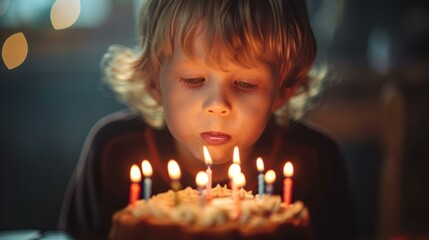 Poster - A young child blows out the candles on their birthday cake. AI.