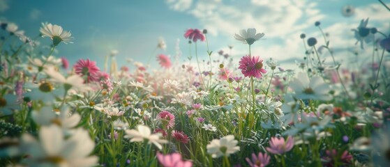 Poster - A field of colorful wildflowers bathed in sunlight. AI.