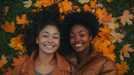 Sticker - Two friends smiling and lying on a bed of leaves. AI.