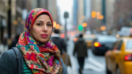 a woman in a vibrant hijab walking around city